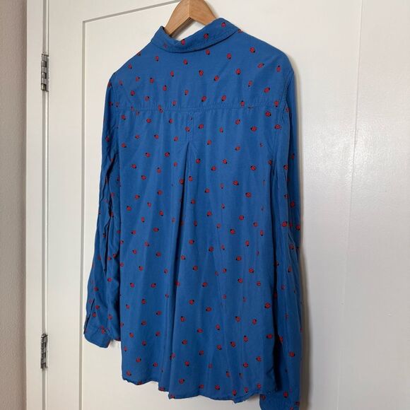 Beach Lunch Lounge Blouse Womens Sz XL Blue Ladybug Print Button Up Long Sleeve - Picture 7 of 11